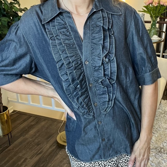 NWT Lafayette 148 Short Sleeves Ruffle Front Button Down Blouse Shirt Gray XL - Picture 1 of 11